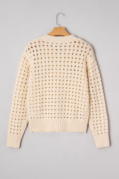 Beige Hollowed Pattern Knit Zip Up Drop Shoulder Sweater Cardigan - Goddess Vibes