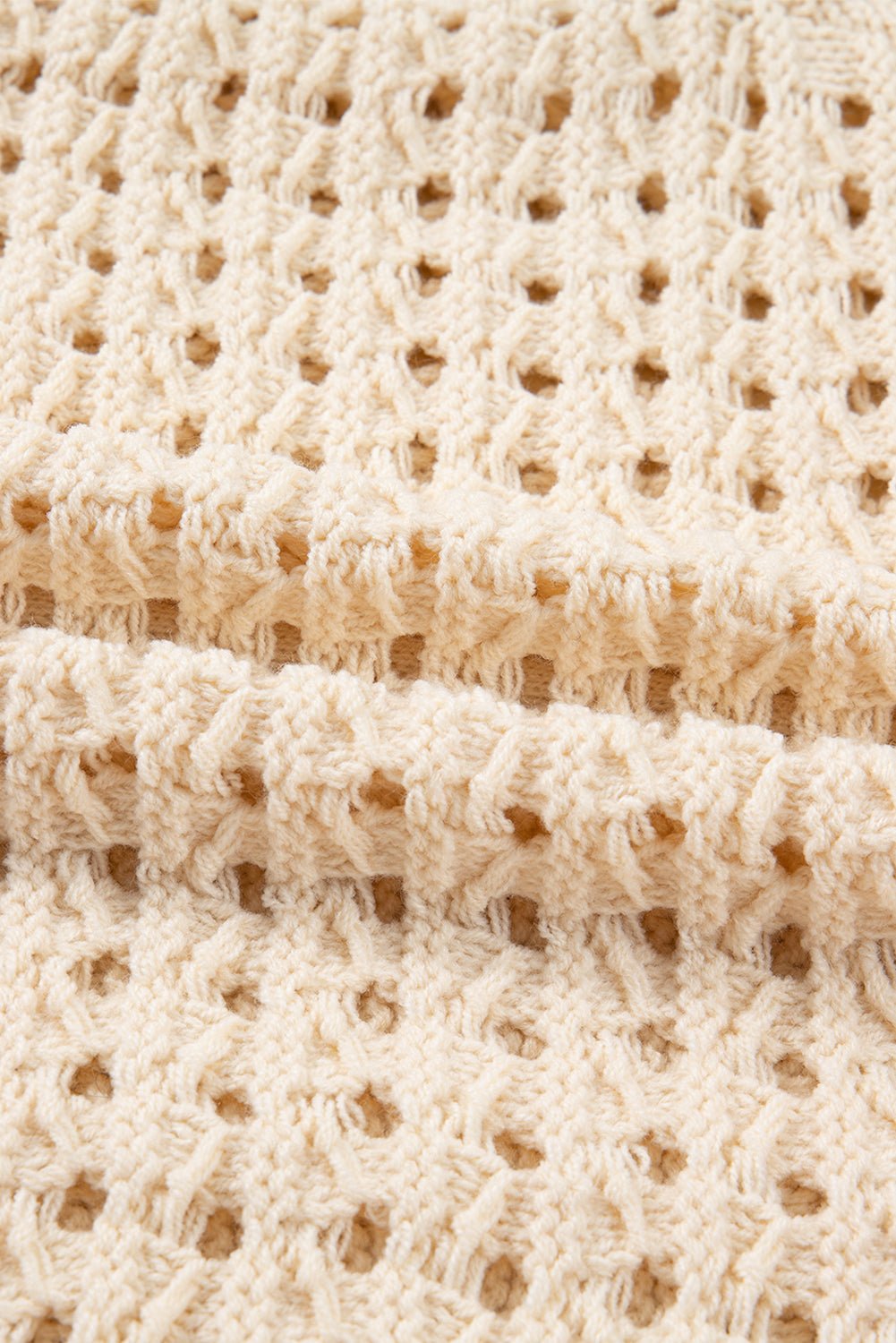 Beige Hollowed Pattern Knit Zip Up Drop Shoulder Sweater Cardigan - Goddess Vibes