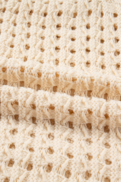 Beige Hollowed Pattern Knit Zip Up Drop Shoulder Sweater Cardigan - Goddess Vibes