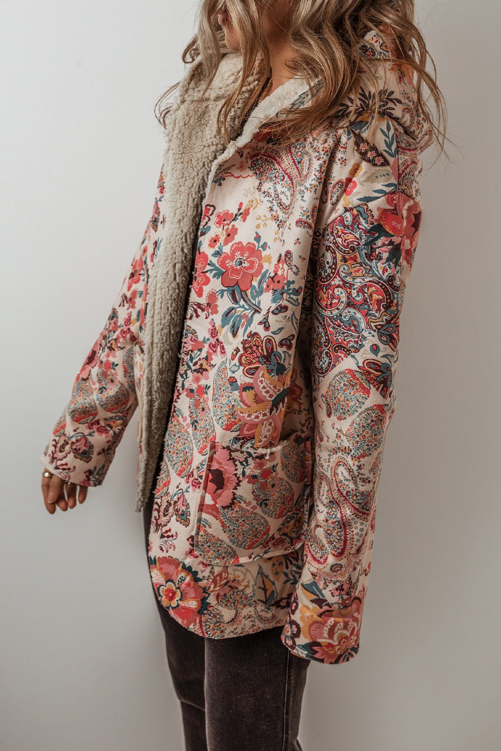 Beige Vintage Paisley Floral Printed Sherpa Lined Hooded Jacket - Goddess Vibes