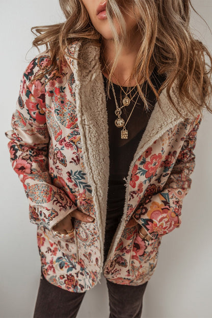 Beige Vintage Paisley Floral Printed Sherpa Lined Hooded Jacket - Goddess Vibes
