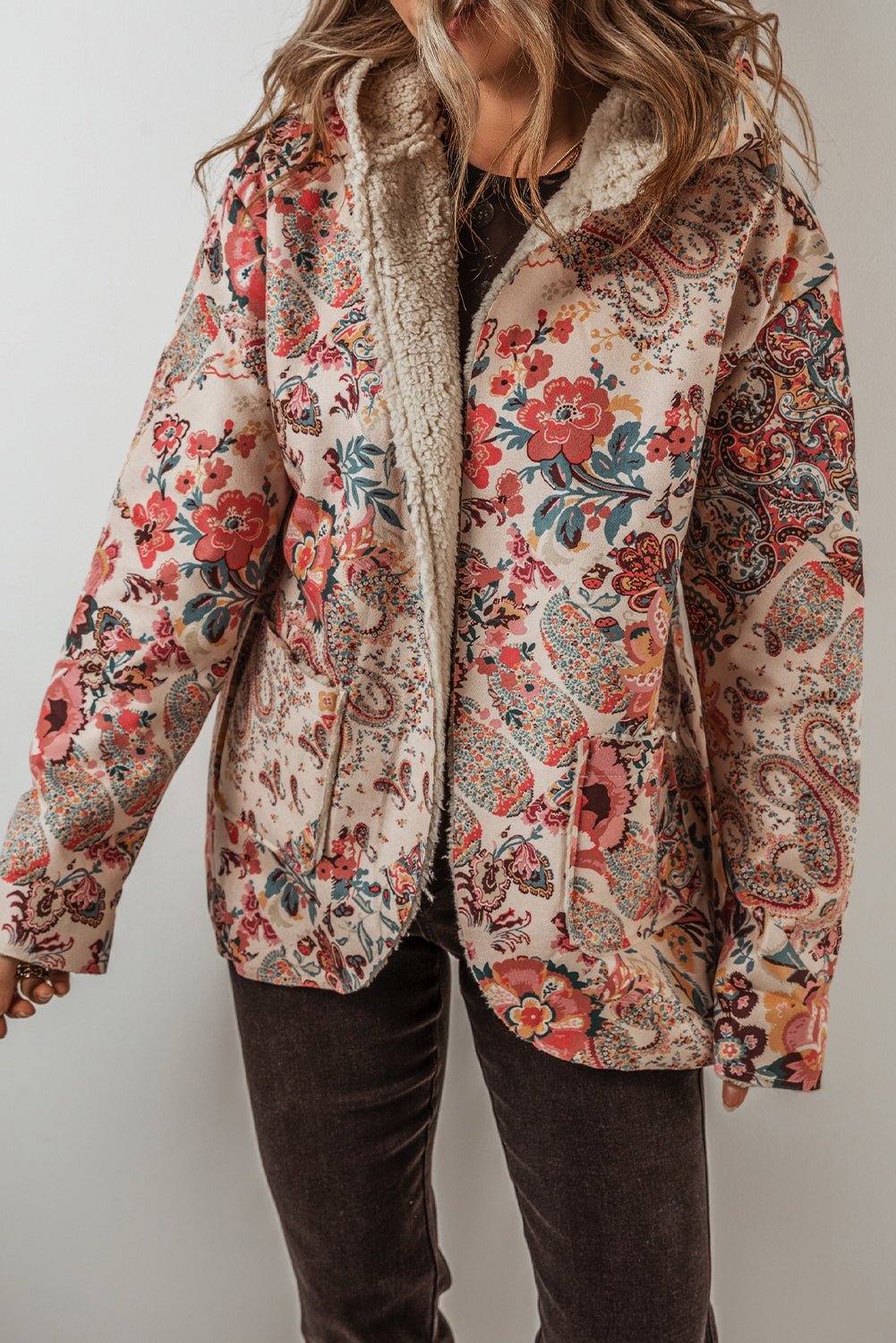 Beige Vintage Paisley Floral Printed Sherpa Lined Hooded Jacket - Goddess Vibes