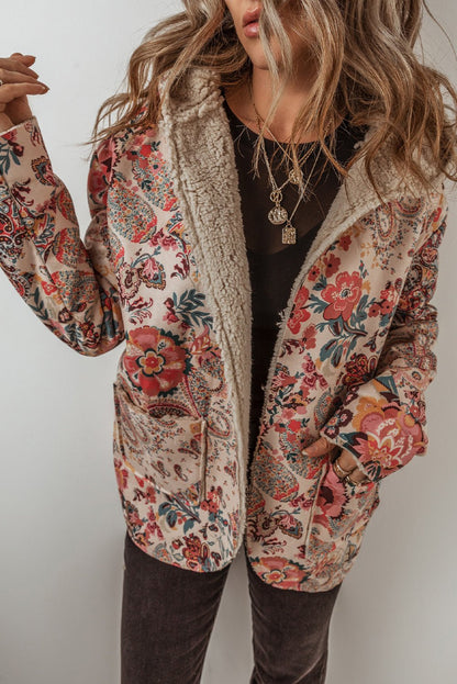 Beige Vintage Paisley Floral Printed Sherpa Lined Hooded Jacket - Goddess Vibes