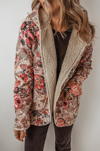 Beige Vintage Paisley Floral Printed Sherpa Lined Hooded Jacket - Goddess Vibes