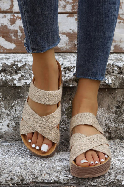 Beige Woven Cross Criss Hollowed Slip - On Slippers - Goddess Vibes