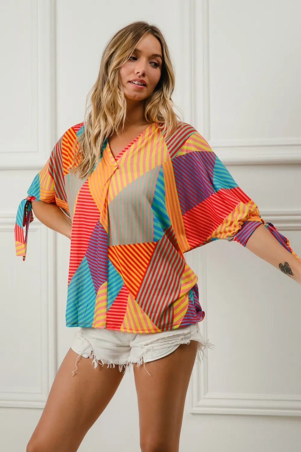 BiBi Multi Stripe Block Printed Jersey Blouse with Tied Sleeves - Goddess Vibes