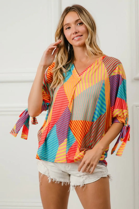 BiBi Multi Stripe Block Printed Jersey Blouse with Tied Sleeves - Goddess Vibes