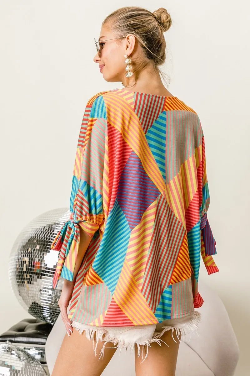 BiBi Multi Stripe Block Printed Jersey Blouse with Tied Sleeves - Goddess Vibes
