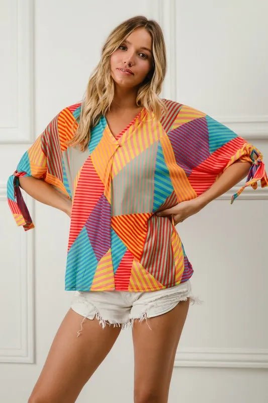 BiBi Multi Stripe Block Printed Jersey Blouse with Tied Sleeves - Goddess Vibes