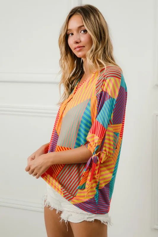 BiBi Multi Stripe Block Printed Jersey Blouse with Tied Sleeves - Goddess Vibes