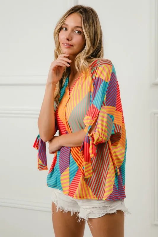 BiBi Multi Stripe Block Printed Jersey Blouse with Tied Sleeves - Goddess Vibes