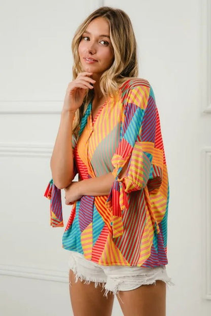 BiBi Multi Stripe Block Printed Jersey Blouse with Tied Sleeves - Goddess Vibes