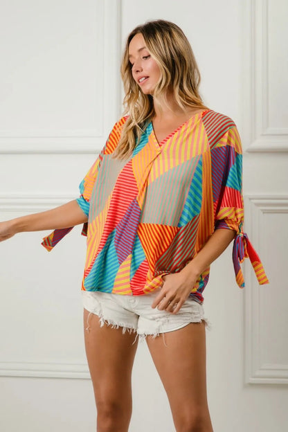 BiBi Multi Stripe Block Printed Jersey Blouse with Tied Sleeves - Goddess Vibes