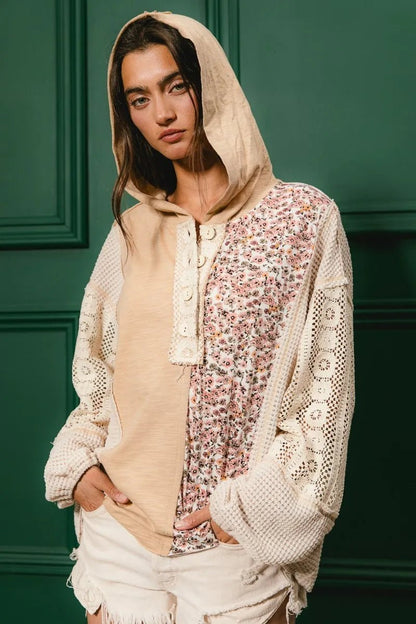 BiBi Slub Jersey with Lace Combo Buttoned Hoodie Top - Goddess Vibes