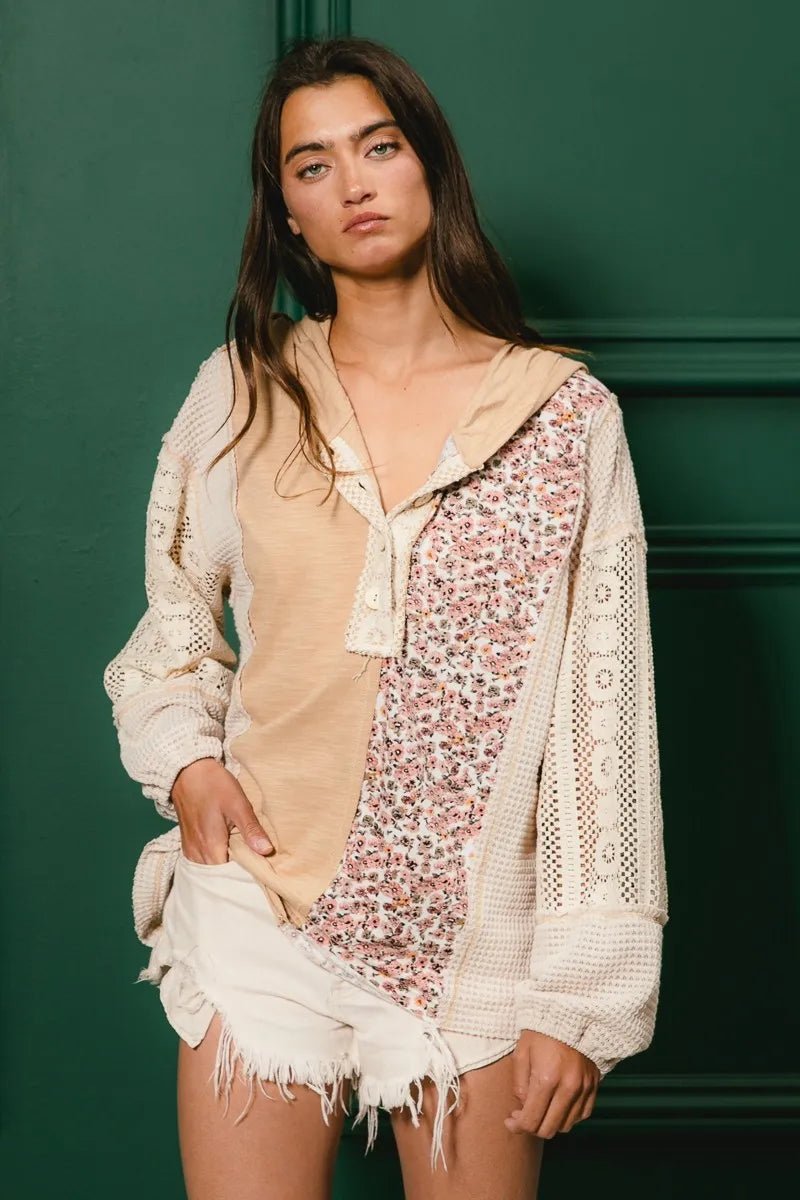 BiBi Slub Jersey with Lace Combo Buttoned Hoodie Top - Goddess Vibes