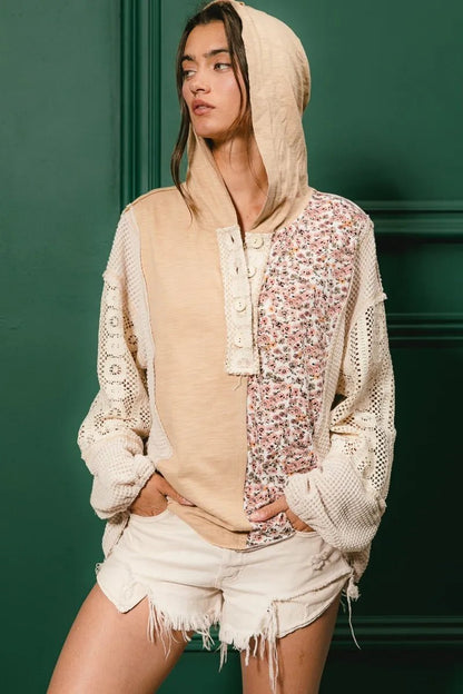 BiBi Slub Jersey with Lace Combo Buttoned Hoodie Top - Goddess Vibes