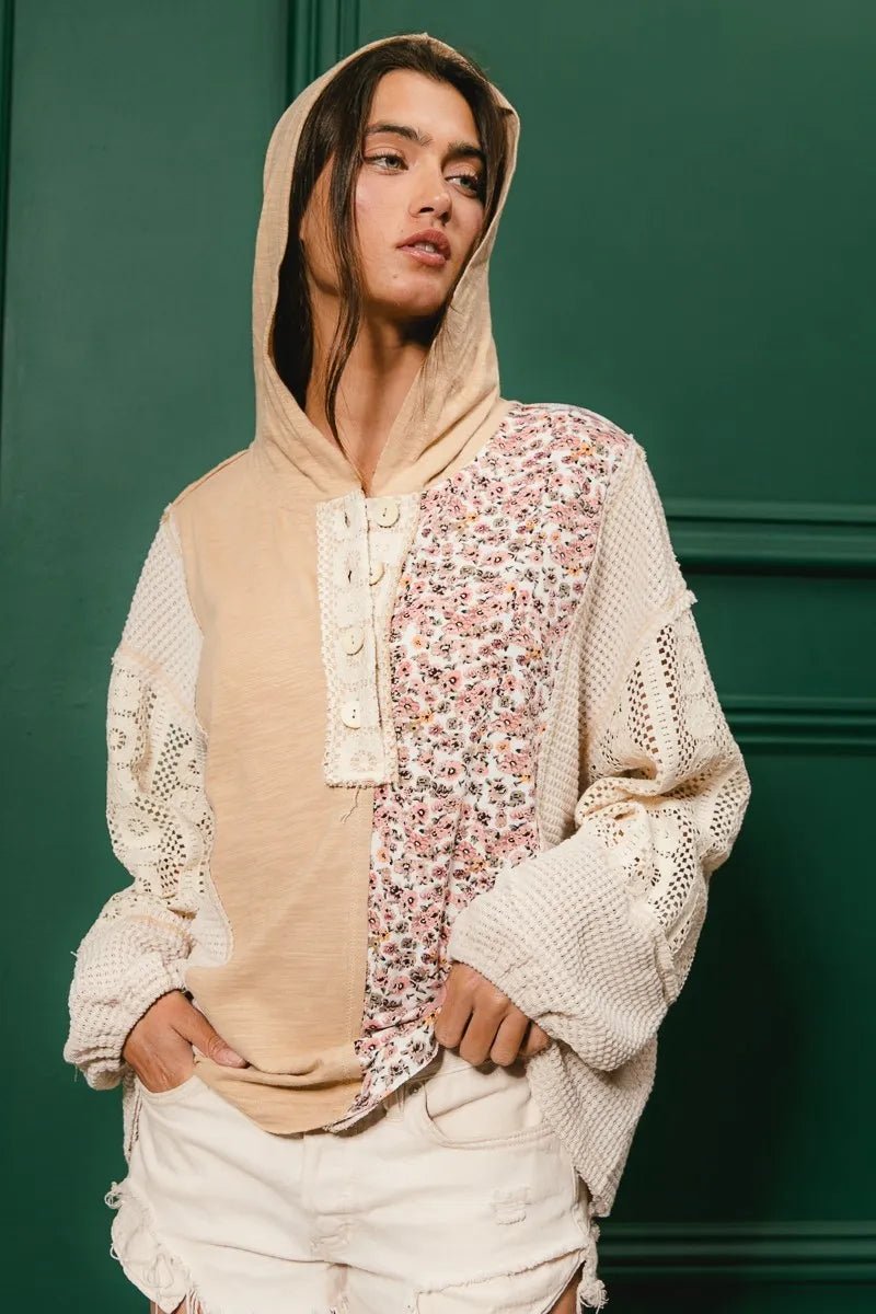 BiBi Slub Jersey with Lace Combo Buttoned Hoodie Top - Goddess Vibes