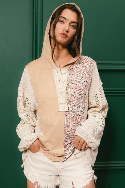 BiBi Slub Jersey with Lace Combo Buttoned Hoodie Top - Goddess Vibes