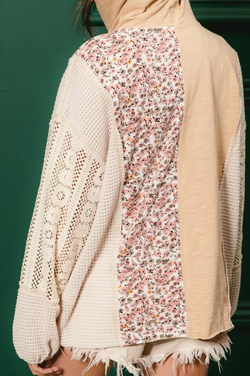 BiBi Slub Jersey with Lace Combo Buttoned Hoodie Top - Goddess Vibes