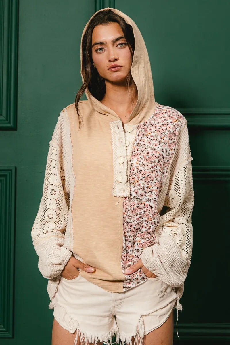BiBi Slub Jersey with Lace Combo Buttoned Hoodie Top - Goddess Vibes