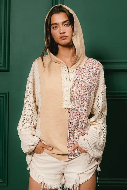 BiBi Slub Jersey with Lace Combo Buttoned Hoodie Top - Goddess Vibes