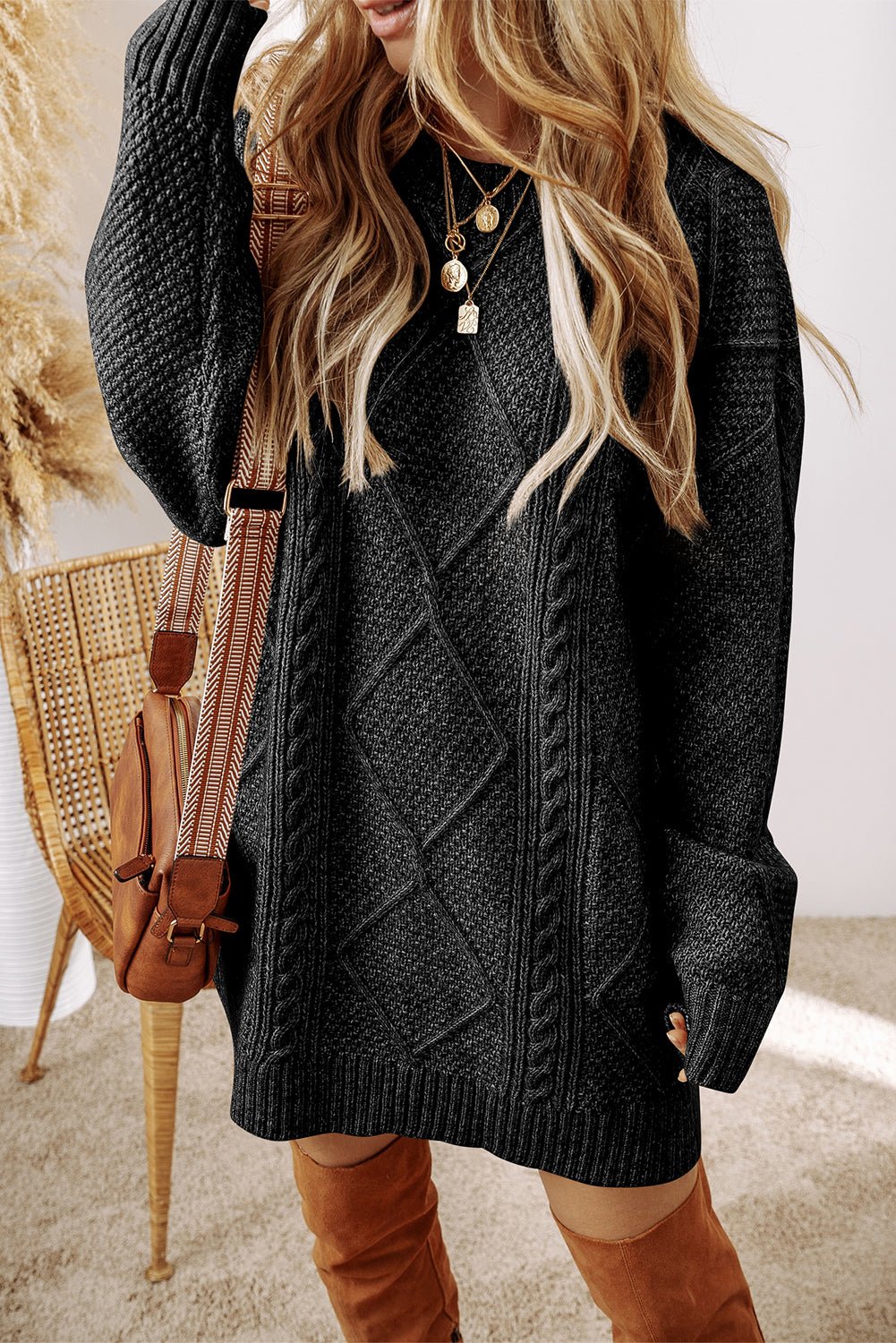 Black Cable Knit Drop Shoulder Loose Fit Sweater Dress - Goddess Vibes