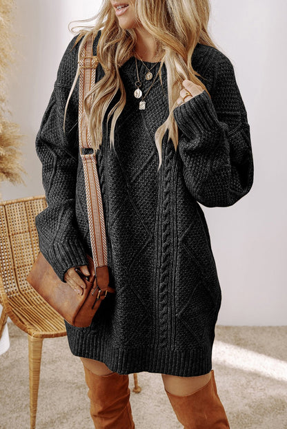 Black Cable Knit Drop Shoulder Loose Fit Sweater Dress - Goddess Vibes