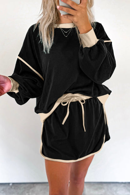 Black Color Contrast Loose Pullover and Lace - up Waist Skort Set - Goddess Vibes
