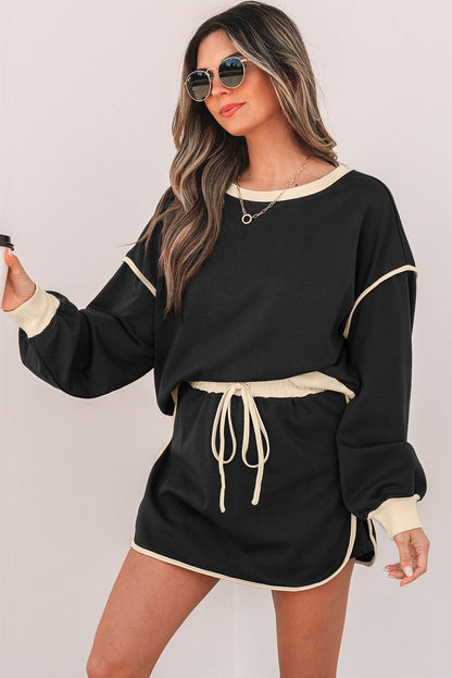 Black Color Contrast Loose Pullover and Lace - up Waist Skort Set - Goddess Vibes