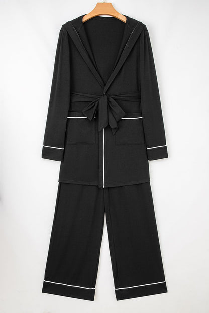Black Contrast Trim Hooded Lounge Cardigan and Pants Set - Crowned Energy CO.