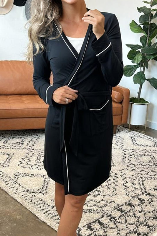 Black Contrast Trim Hooded Lounge Cardigan and Pants Set - Crowned Energy CO.