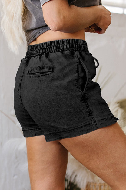 Black Drawstring Elastic Waistband Pocketed Denim Shorts - Goddess Vibes
