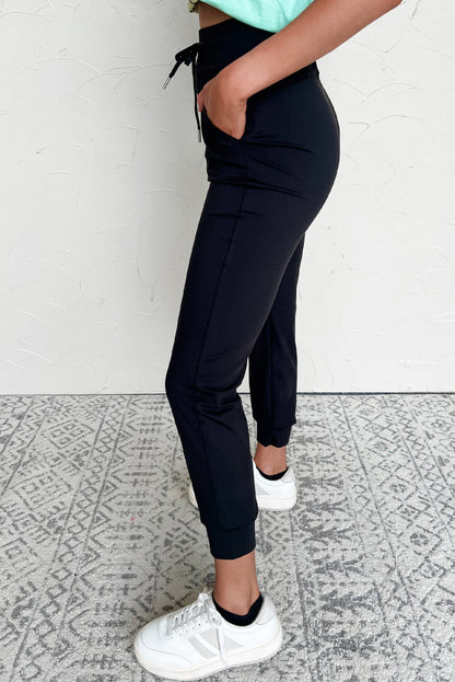 Black Exposed Seam Detail Skinny Drawstring Jogger Pants - Crowned Energy CO.