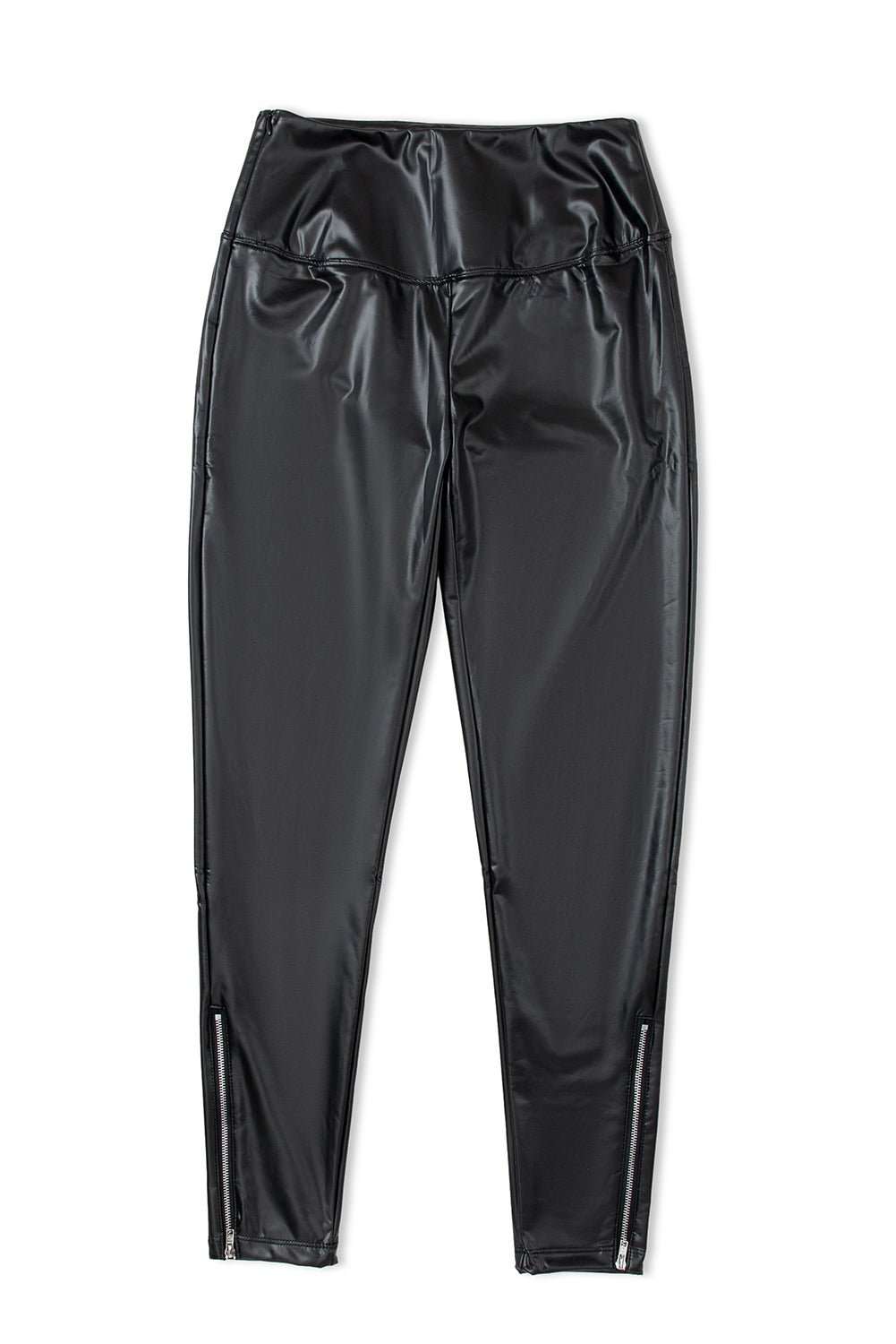 Black Faux Leather Zipped Detail Leggings - Crowned Energy CO.