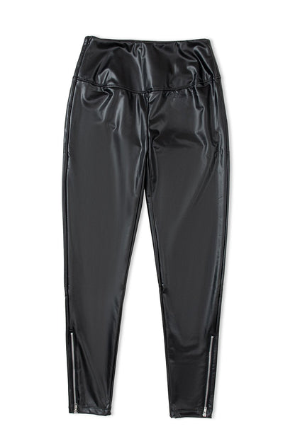 Black Faux Leather Zipped Detail Leggings - Crowned Energy CO.