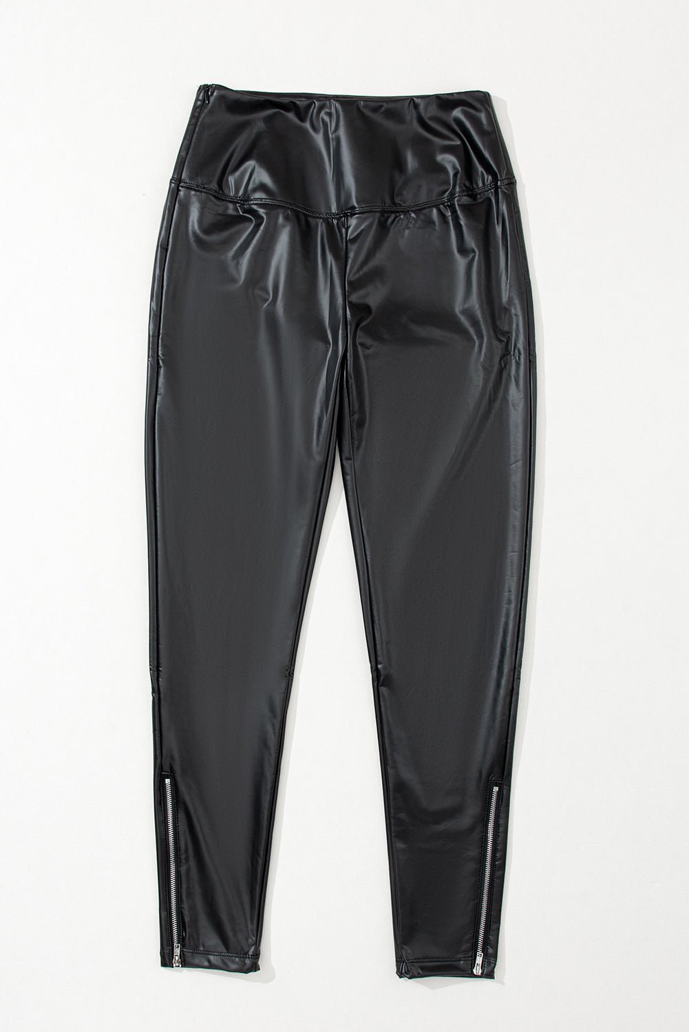 Black Faux Leather Zipped Detail Leggings - Crowned Energy CO.