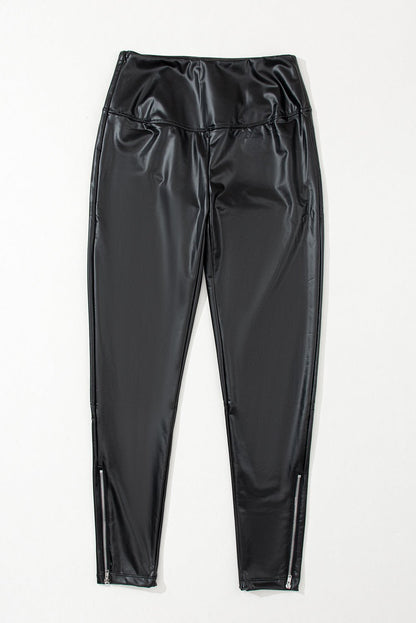 Black Faux Leather Zipped Detail Leggings - Crowned Energy CO.