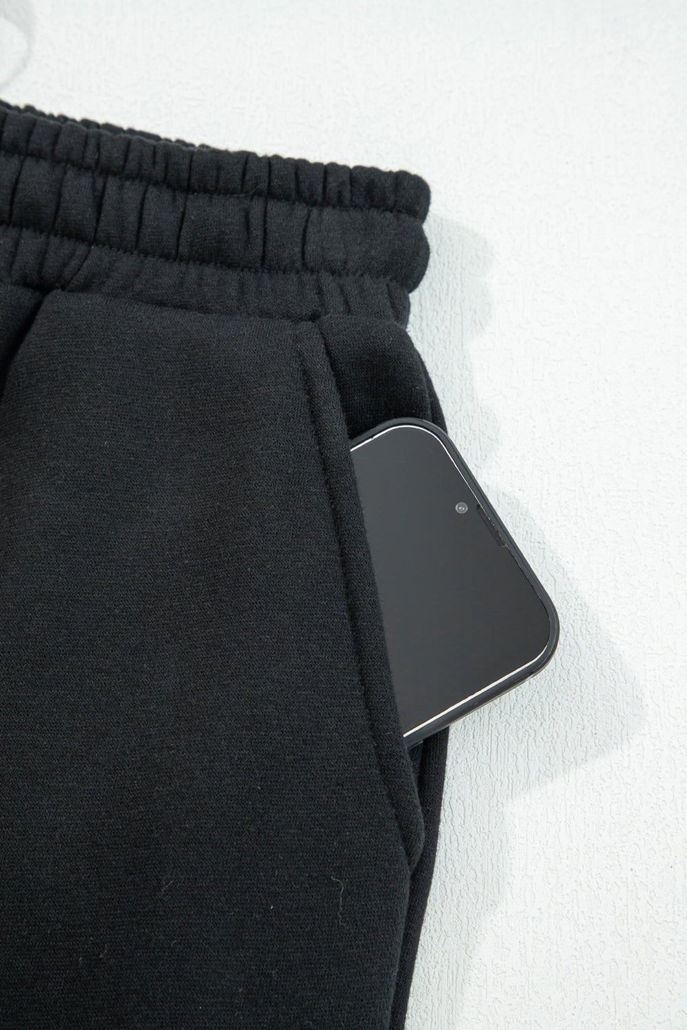 Black Fleece Lined Leopard Drawstring Elastic Waist Solid Pants - Crowned Energy CO.