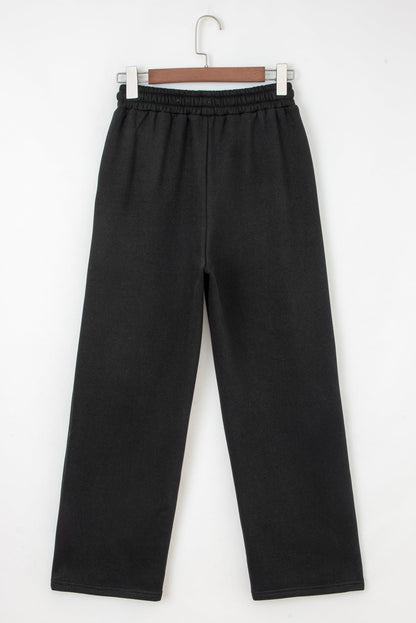 Black Fleece Lined Leopard Drawstring Elastic Waist Solid Pants - Crowned Energy CO.