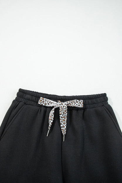 Black Fleece Lined Leopard Drawstring Elastic Waist Solid Pants - Crowned Energy CO.