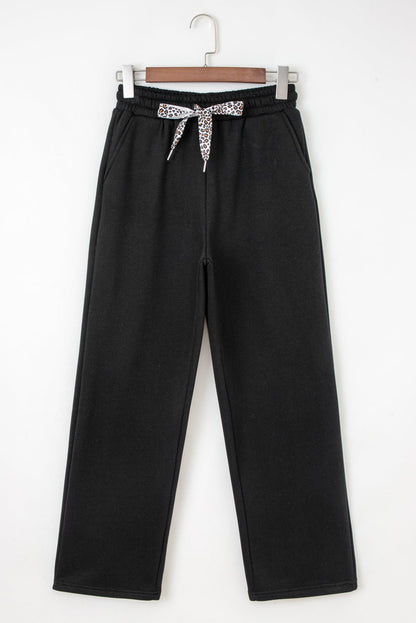 Black Fleece Lined Leopard Drawstring Elastic Waist Solid Pants - Crowned Energy CO.