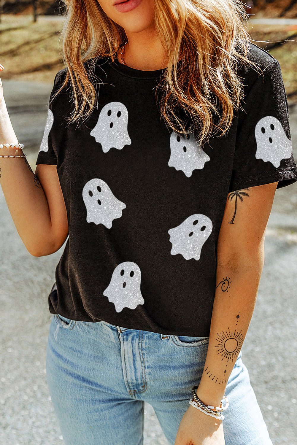 Black Glitter Ghost Pattern Crew Neck Halloween T Shirt - Goddess Vibes