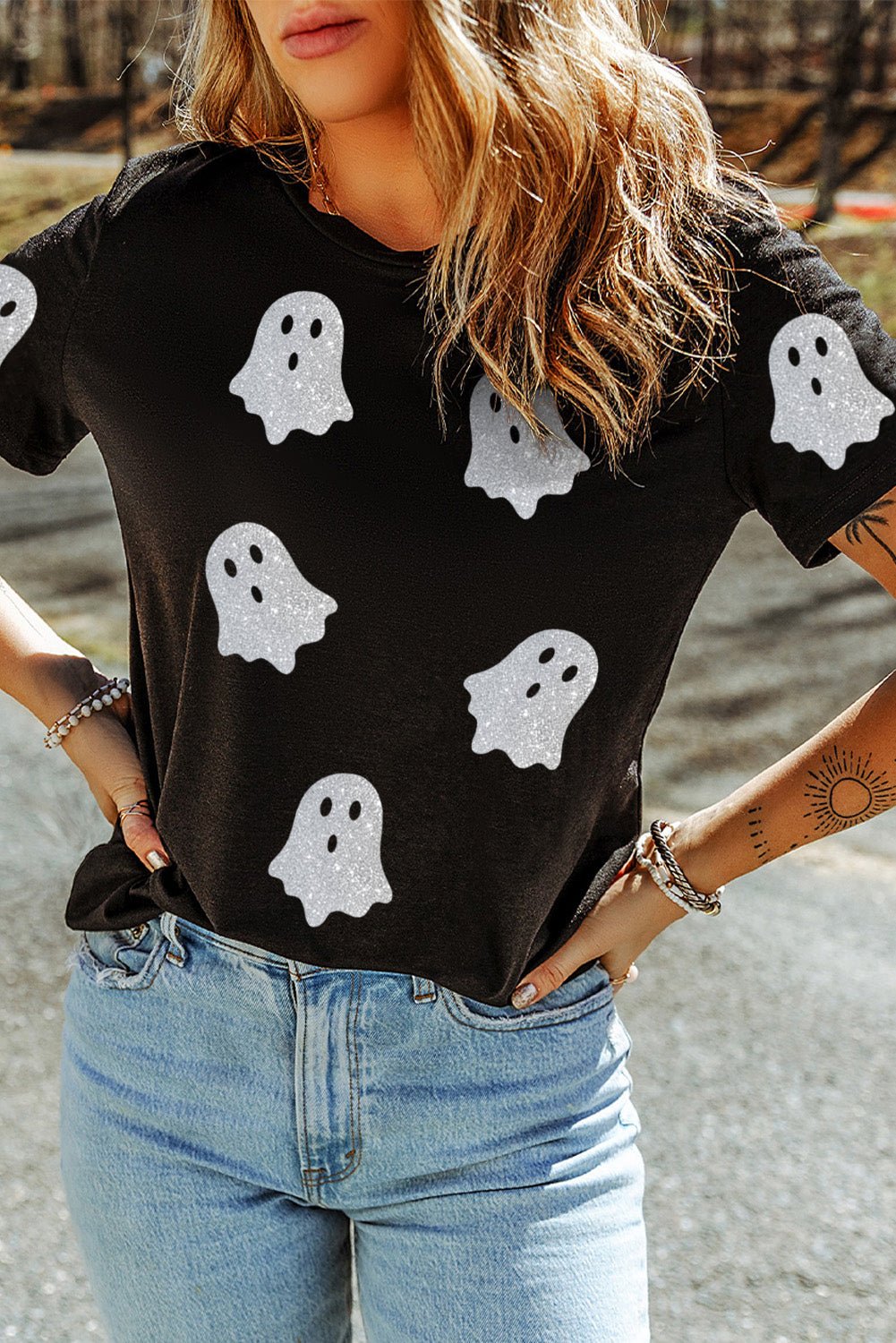 Black Glitter Ghost Pattern Crew Neck Halloween T Shirt - Goddess Vibes