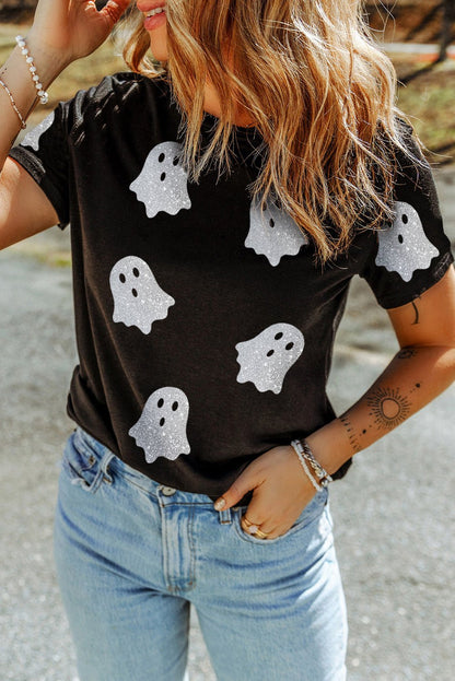 Black Glitter Ghost Pattern Crew Neck Halloween T Shirt - Goddess Vibes