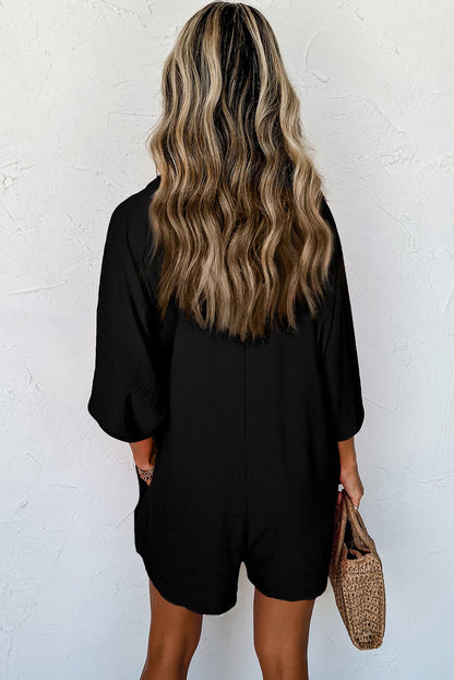 Black Half Button Collared Loose Romper - Goddess Vibes