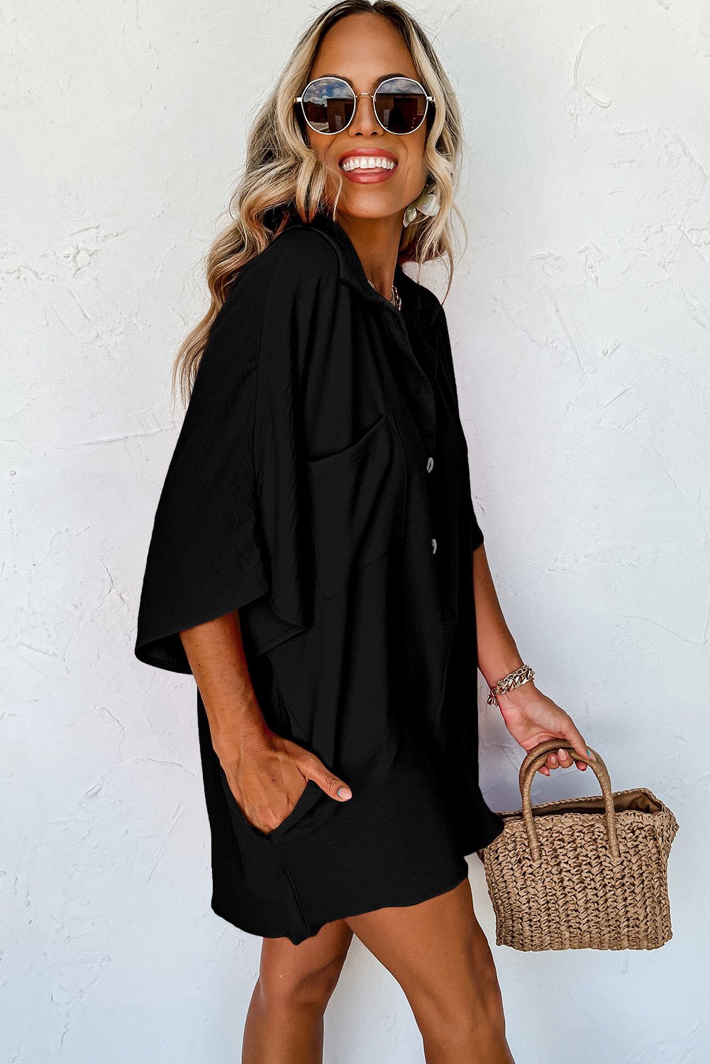 Black Half Button Collared Loose Romper - Goddess Vibes