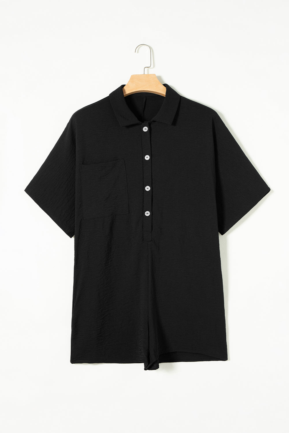 Black Half Button Collared Loose Romper - Goddess Vibes