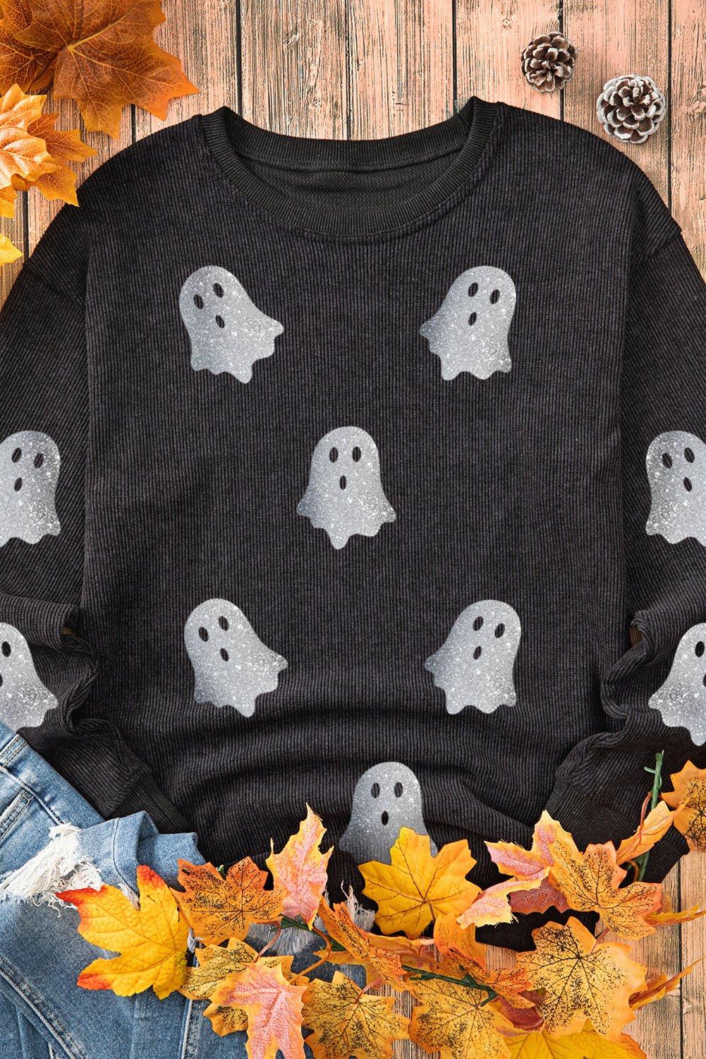 Black Halloween Ghost Corded Crew Neck Loose Sweatshirt - Goddess Vibes