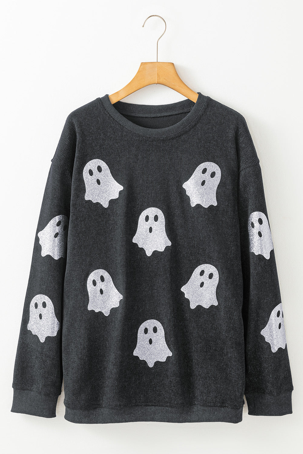 Black Halloween Ghost Corded Crew Neck Loose Sweatshirt - Goddess Vibes