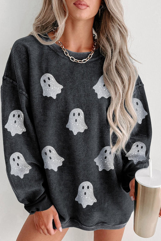 Black Halloween Ghost Corded Crew Neck Loose Sweatshirt - Goddess Vibes